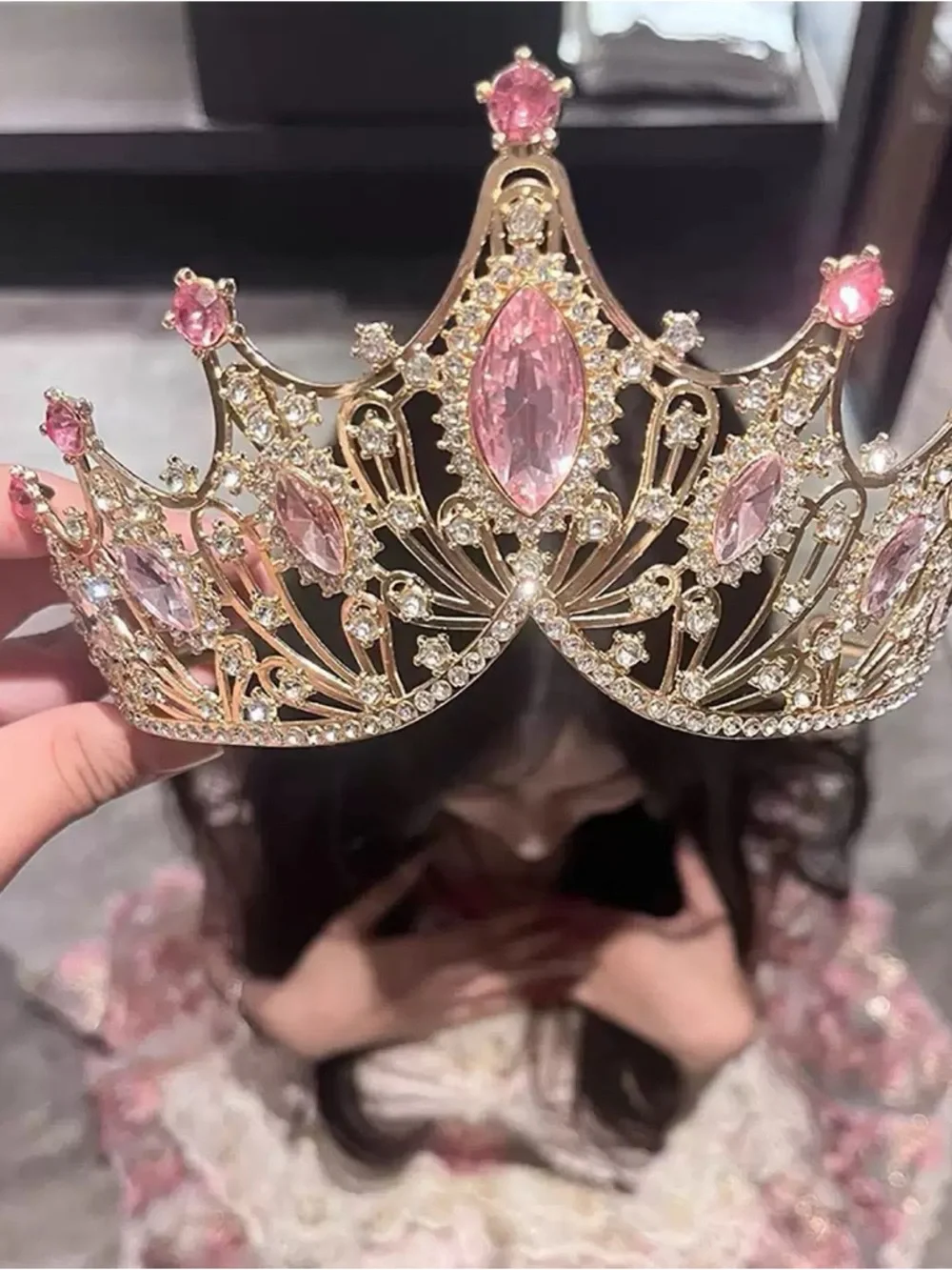 Gold Tiara with Pink Gemstones - Women's Hair Crown